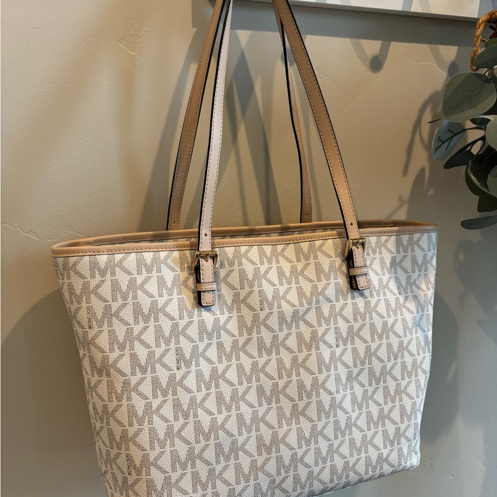 Michael Kors Cream and Tan MK Logo Tote - Picture 2 of 5